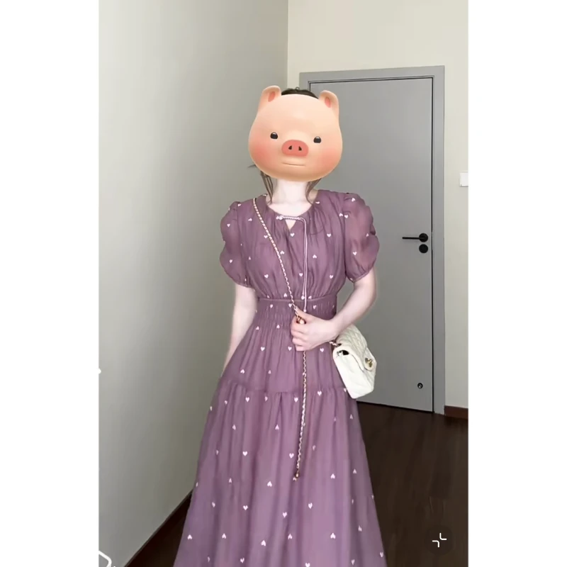 大码夏季新款法式高级感爱心连衣裙新中式高级感盘扣收腰温柔长裙