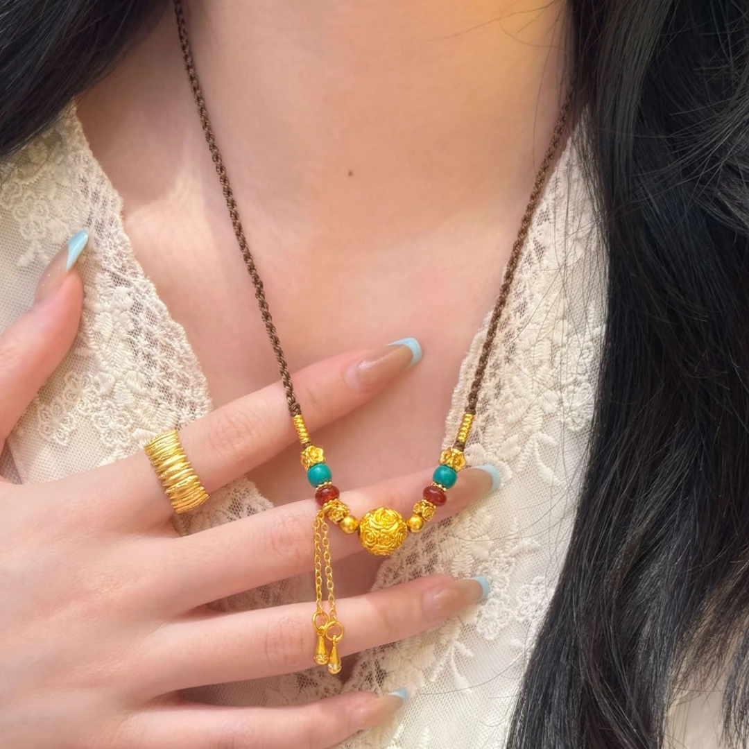 铜合金布艺项链 新中式八方来财龙珠绣球流苏吊坠精致百搭不掉色