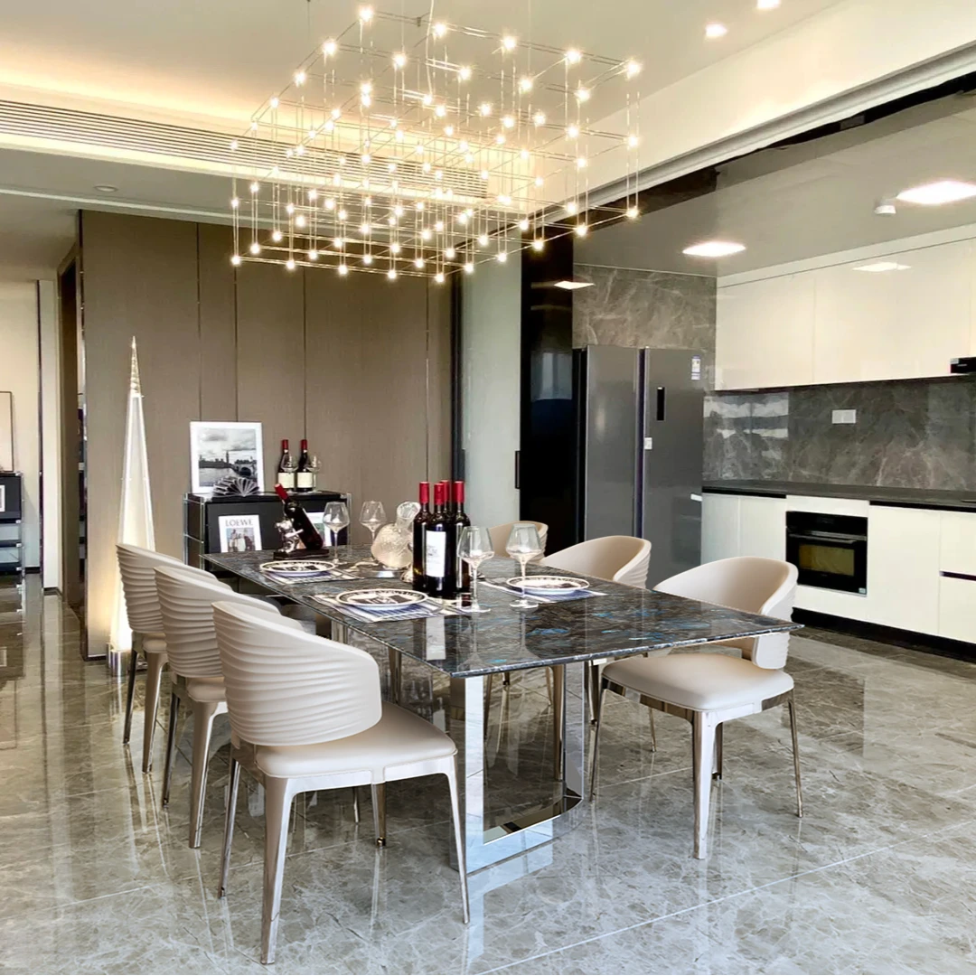 意式轻奢极简天然奢石蓝翡翠长方形餐桌餐厅高端别墅饭桌简约家用