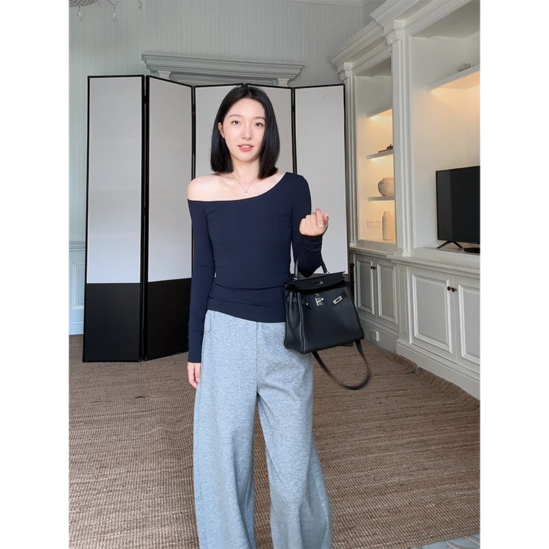 郭九九呢 棉质气质斜肩修身显瘦长袖T恤休闲弯刀卫裤 G925Y00299