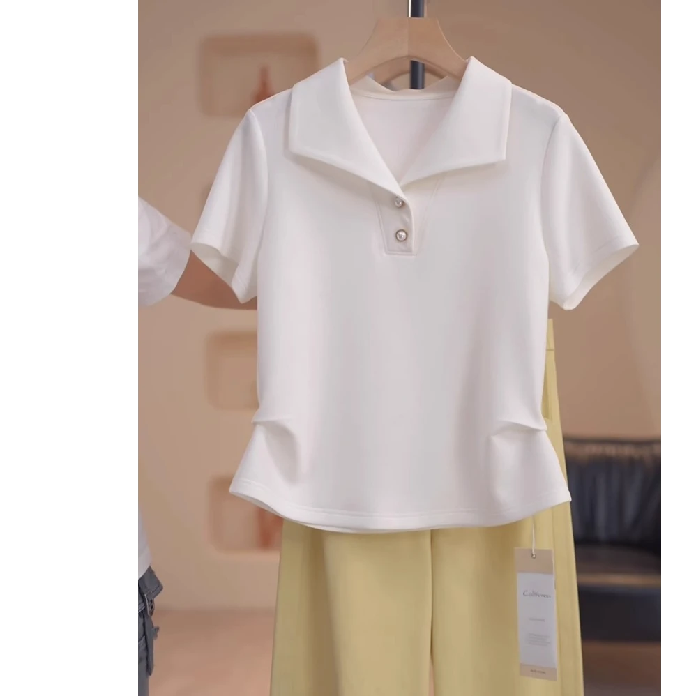 2025夏季休闲简约百搭短袖t恤今年流行褶皱设计感收腰显瘦上衣女