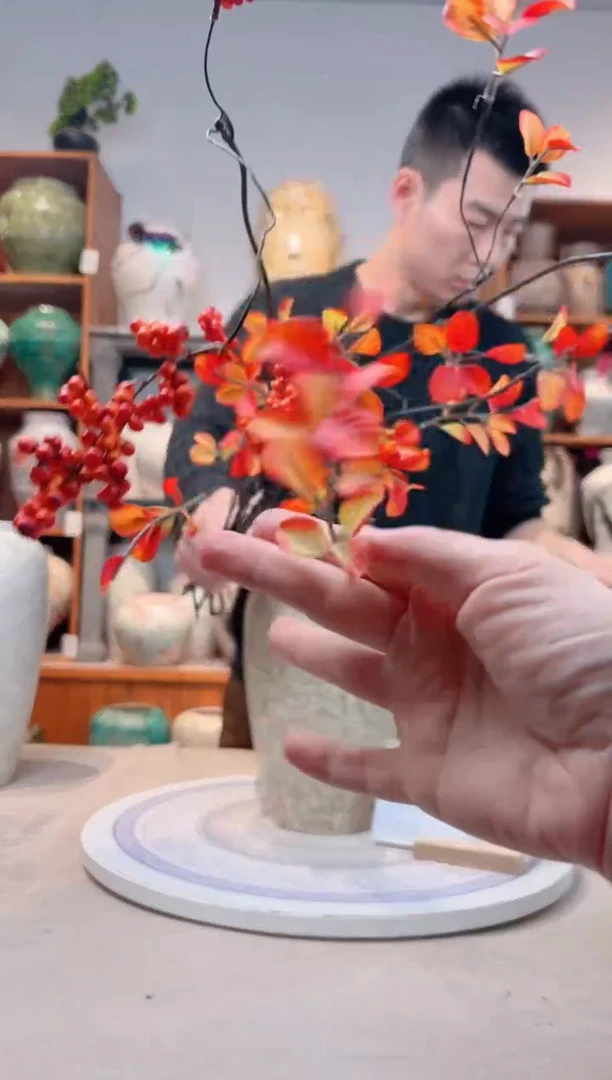 瓶陶瓷花瓶 仿真花 红果 干支 6支