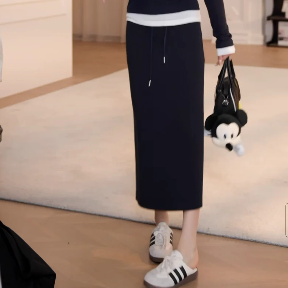 显瘦抽绳黑色高腰半身裙裙子时尚休闲宽松气质韩版百搭中长款减龄