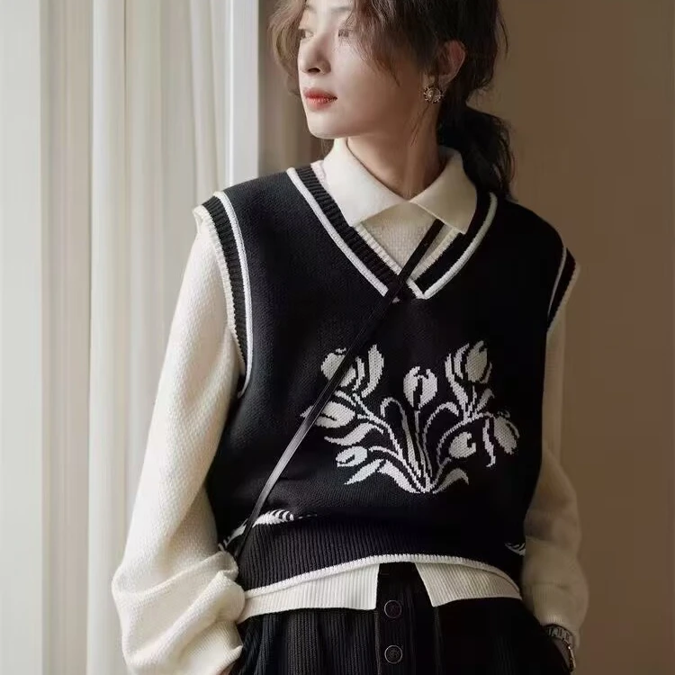 复古v领重工提花毛衣马甲女春秋季外穿无袖马夹洋气针织背心叠穿