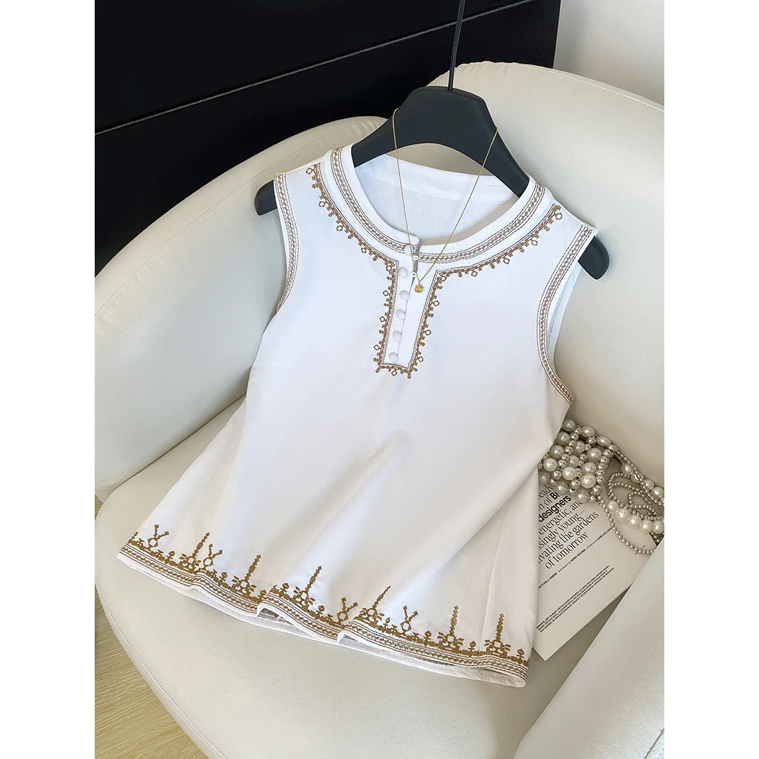 2025夏季新款度假风法式刺绣圆领气质背心衬衫女气质百搭宽松上衣