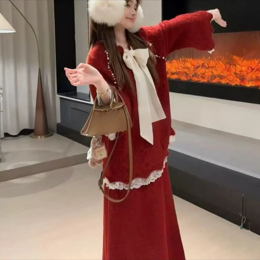 圣诞序曲绵毛厚款 甜美系毛衣套装秋冬针织红色显瘦mj