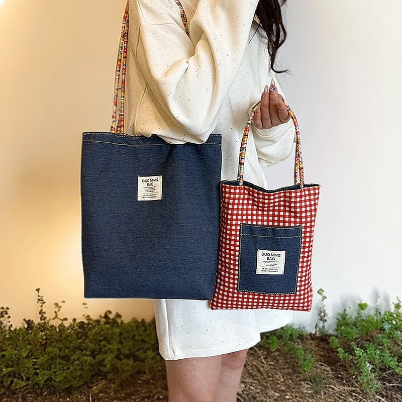 两面可用单肩包新款包包女2025复古格子牛仔帆布包百搭通勤托特包