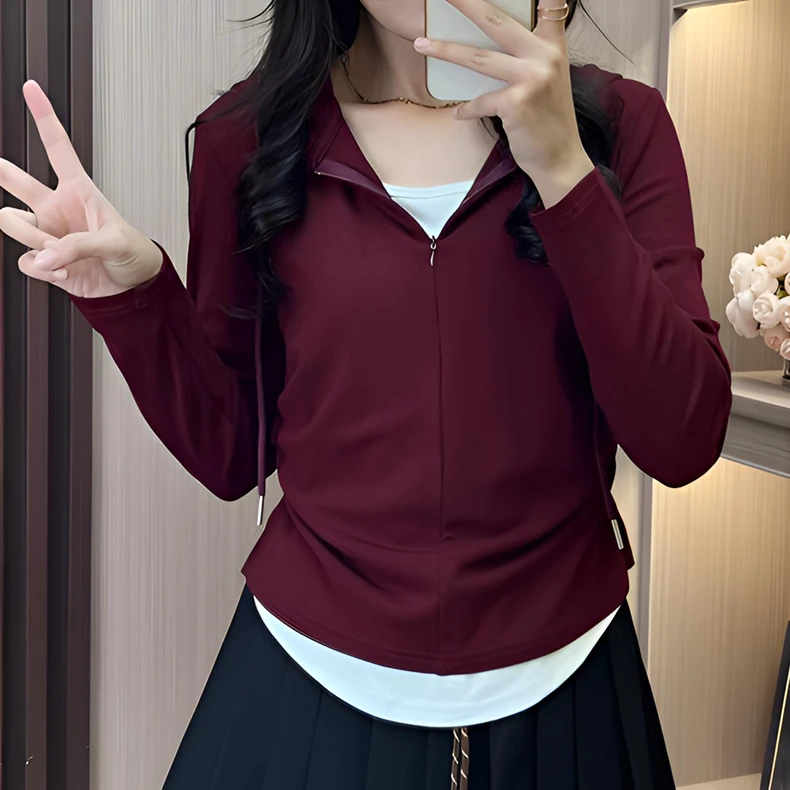 200-399编号休闲假两件连帽套头早春叠穿百搭显瘦帽衫收腰上衣