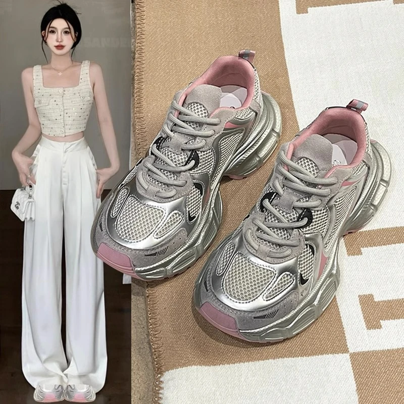 【万达撤柜】厚底增高老爹鞋女款2025年春秋新款银色透气百搭轻便
