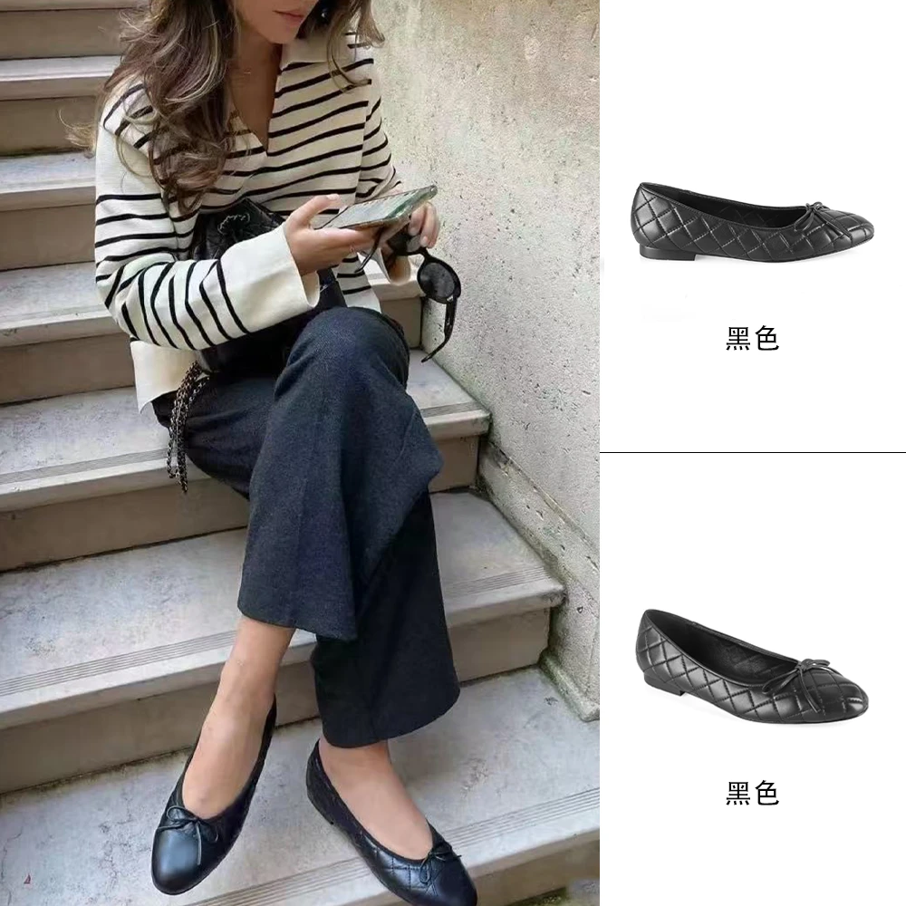 MANIKA GUAN 浅口菱格舒适低跟百搭蝴蝶结芭蕾鞋MK24K100