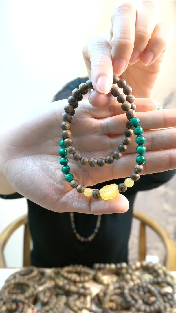 【闪购商品】沉香手串奇楠沉香手串6mm双圈搭蜜蜡孔雀石