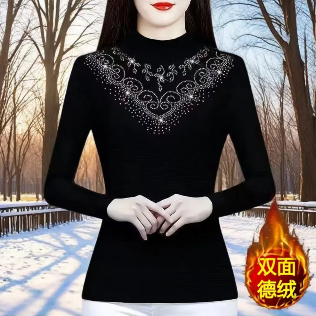 加绒保暖打底衫女黑色半高领上衣大码遮肚子气质长袖小衫女