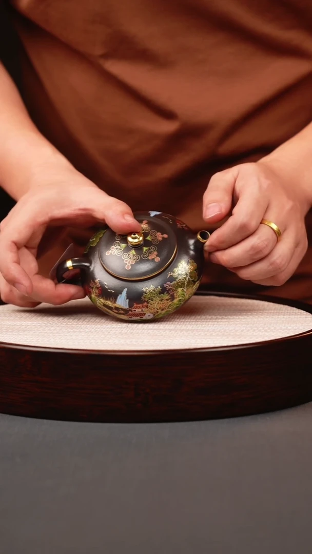 茶壶紫砂石黄珐琅彩山水寒江