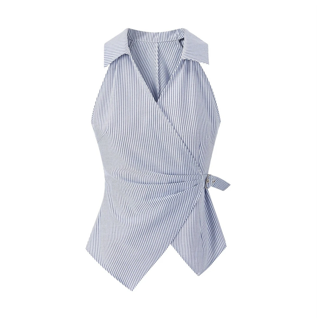 羊城故事-复古条纹翻领背心新款设计感别致修身无袖上衣Y50751845