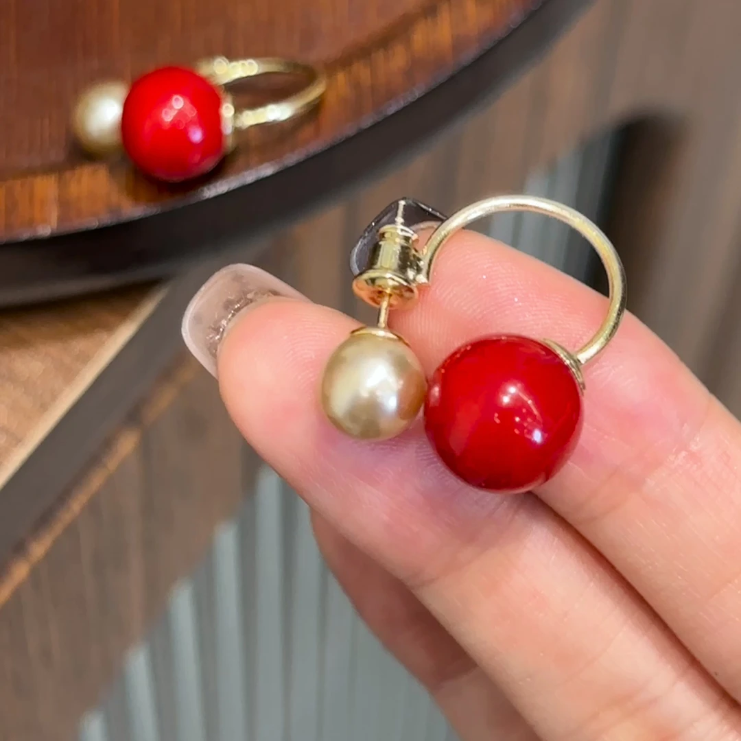 H504 珍珠红色耳钉耳环时尚百搭复古简约