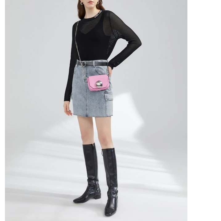 【许半夏推荐】曼德诗2025牛仔浅蓝色半身裙休闲