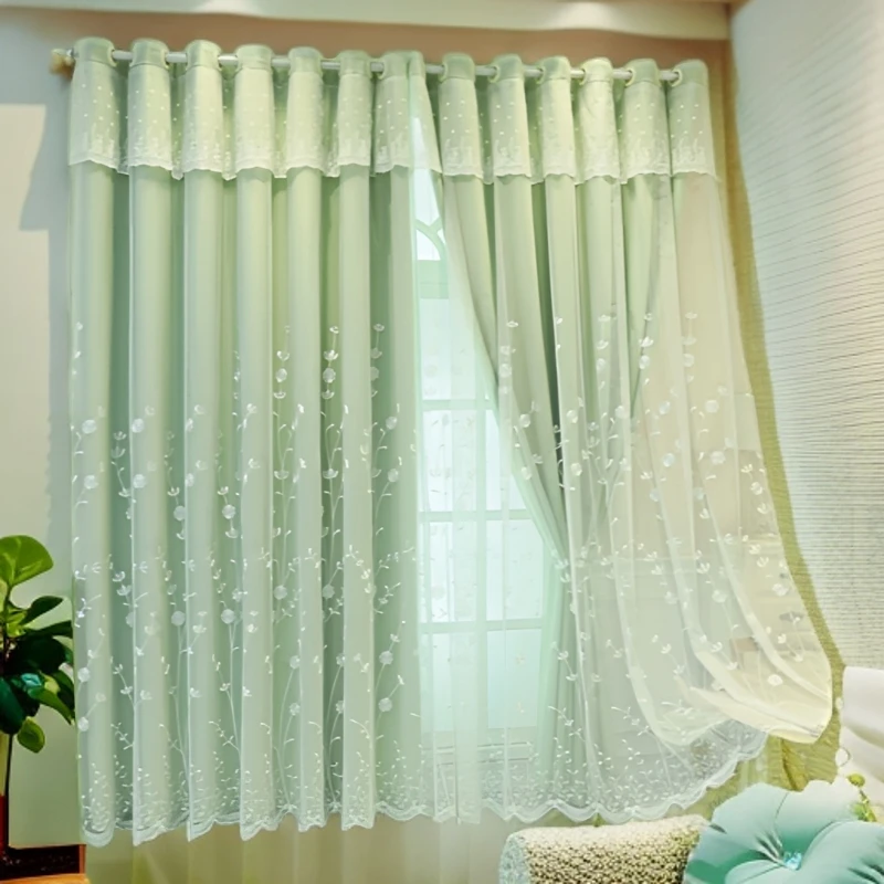 窗帘双层一体遮光窗帘田园阳台绣花客厅卧室简约窗纱新款窗帘温馨