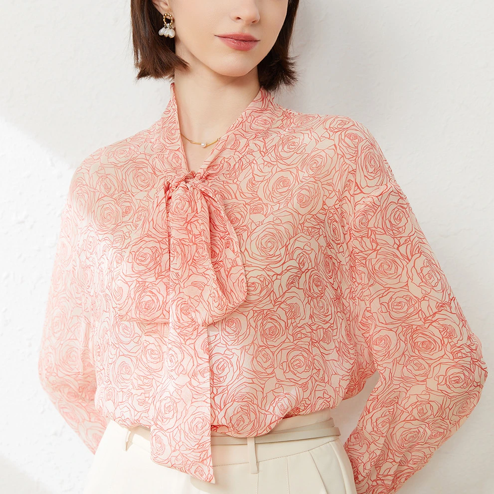 [100%桑蚕丝]法式靓丽玫瑰印花真丝飘带衬衫9376