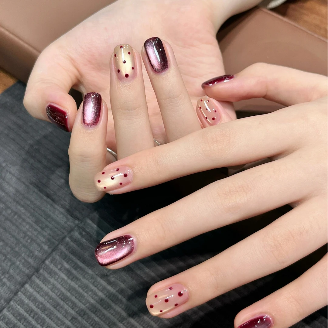 【花生】秋冬新款波点紫猫眼短方手工穿戴甲气质显白高级感百搭款