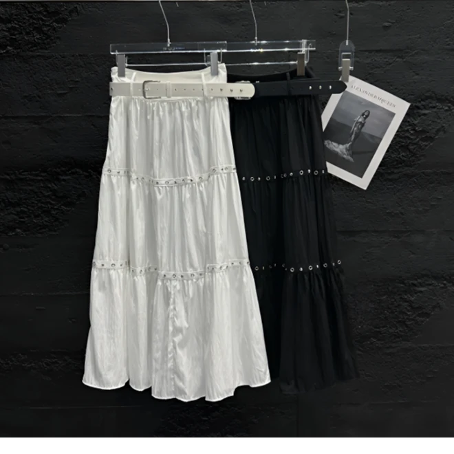 气质辣妹重工钉珠半身裙女夏季新款韩系高腰遮胯宽松显瘦大摆长裙