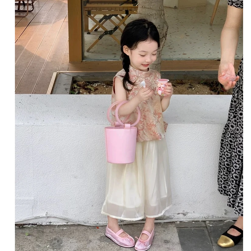 壹妈女童夏装套装小女孩洋气国风气旗袍马甲女宝宝国风上衣半身裙