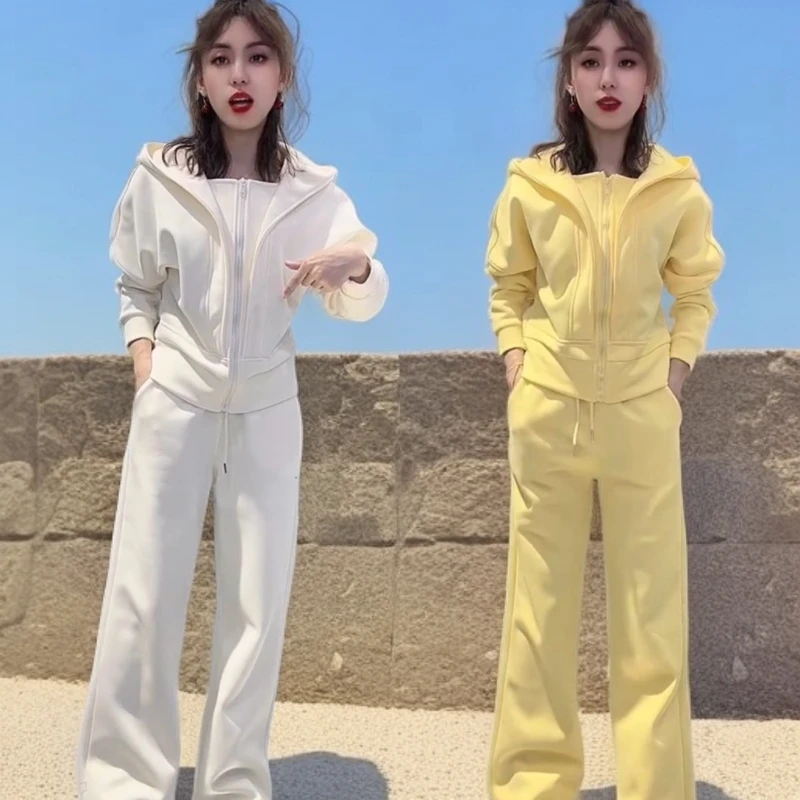 运动加厚春新款休闲洋气修身连帽卫衣阔腿裤两件套套装潮女款女士