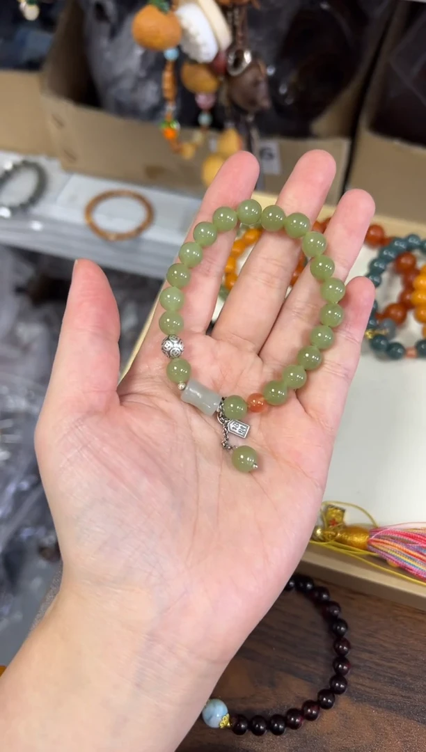 手链银S925镶嵌和田玉晴水和田玉银配件圆珠手链8M[0434]