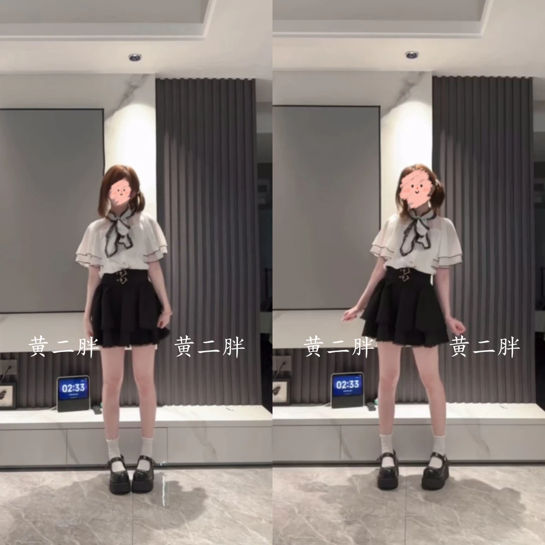 双层花边短袖衬衫女+高腰显瘦短裙法式优雅千金穿搭套装2025新款