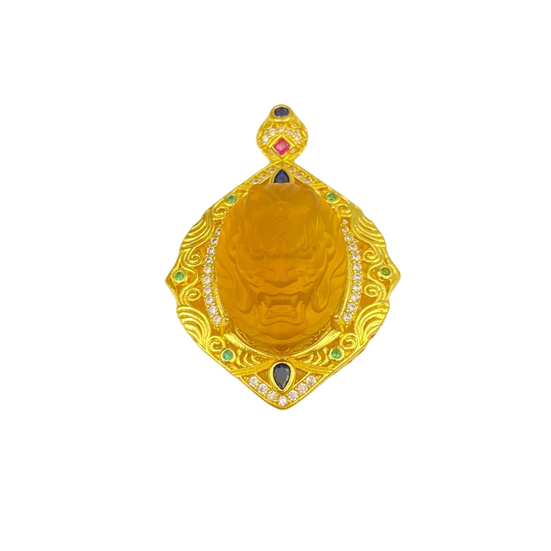 琥珀薬珀祥龙菱形蛋面吊坠M670X合金