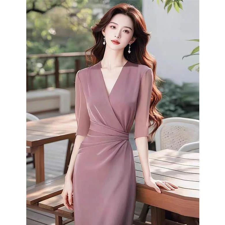 法式高端时尚漂亮粉色连衣裙女士2025新款夏季气质修身裙子高级感