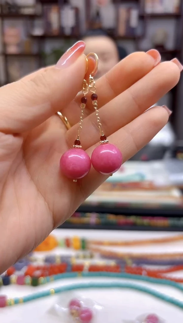 【闪购商品】菱锰矿（红纹石）耳坠14K金镶嵌E613