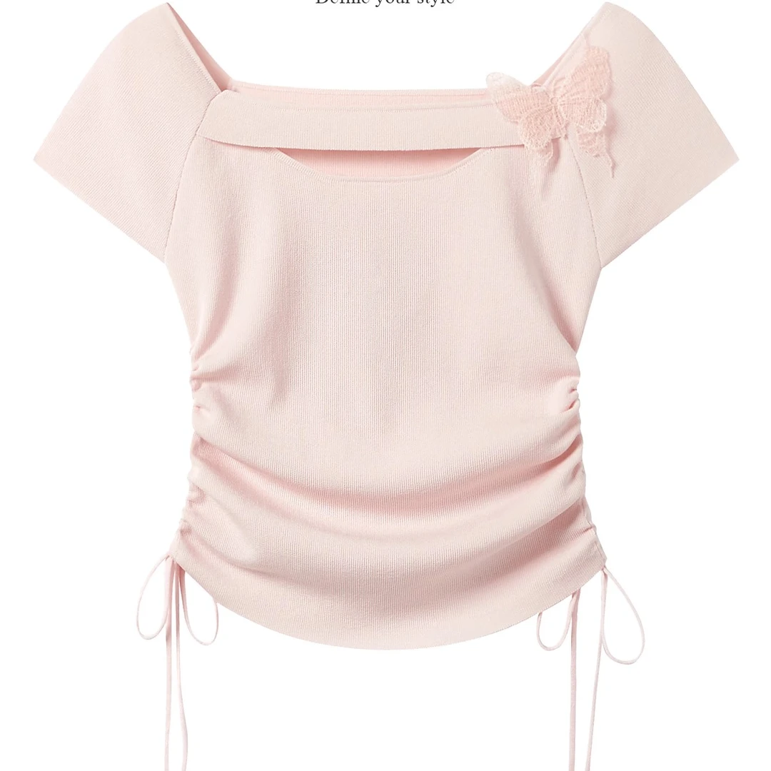 羊城故事-镂空抽绳立体蝴蝶方领针织衫女甜美纯色显瘦短袖t恤6002