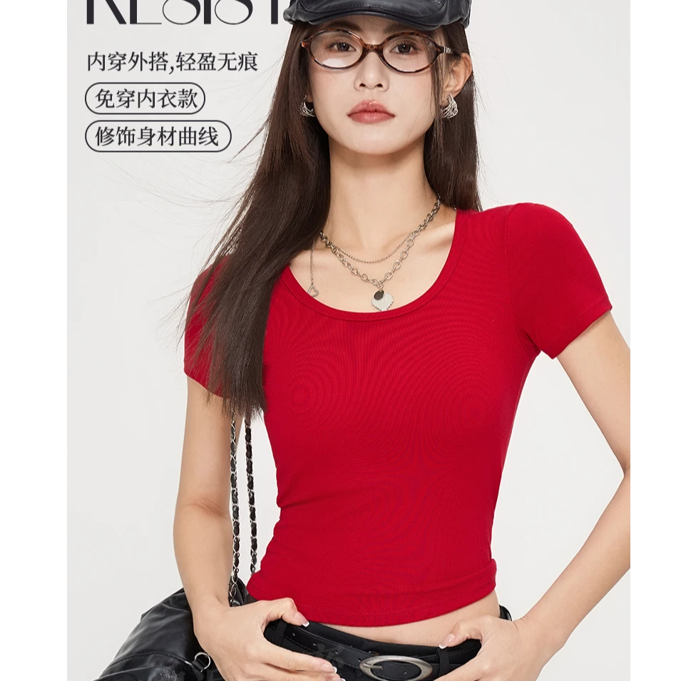 短袖纯色短款网纱斜领打底T恤t恤免穿曲线内穿显瘦打底衫圆领