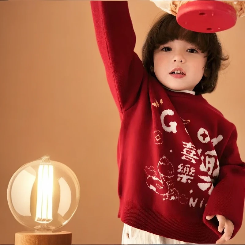 新年毛衣男女手绘图案提花圆领套头安哥拉红平安喜乐加厚12岁儿童