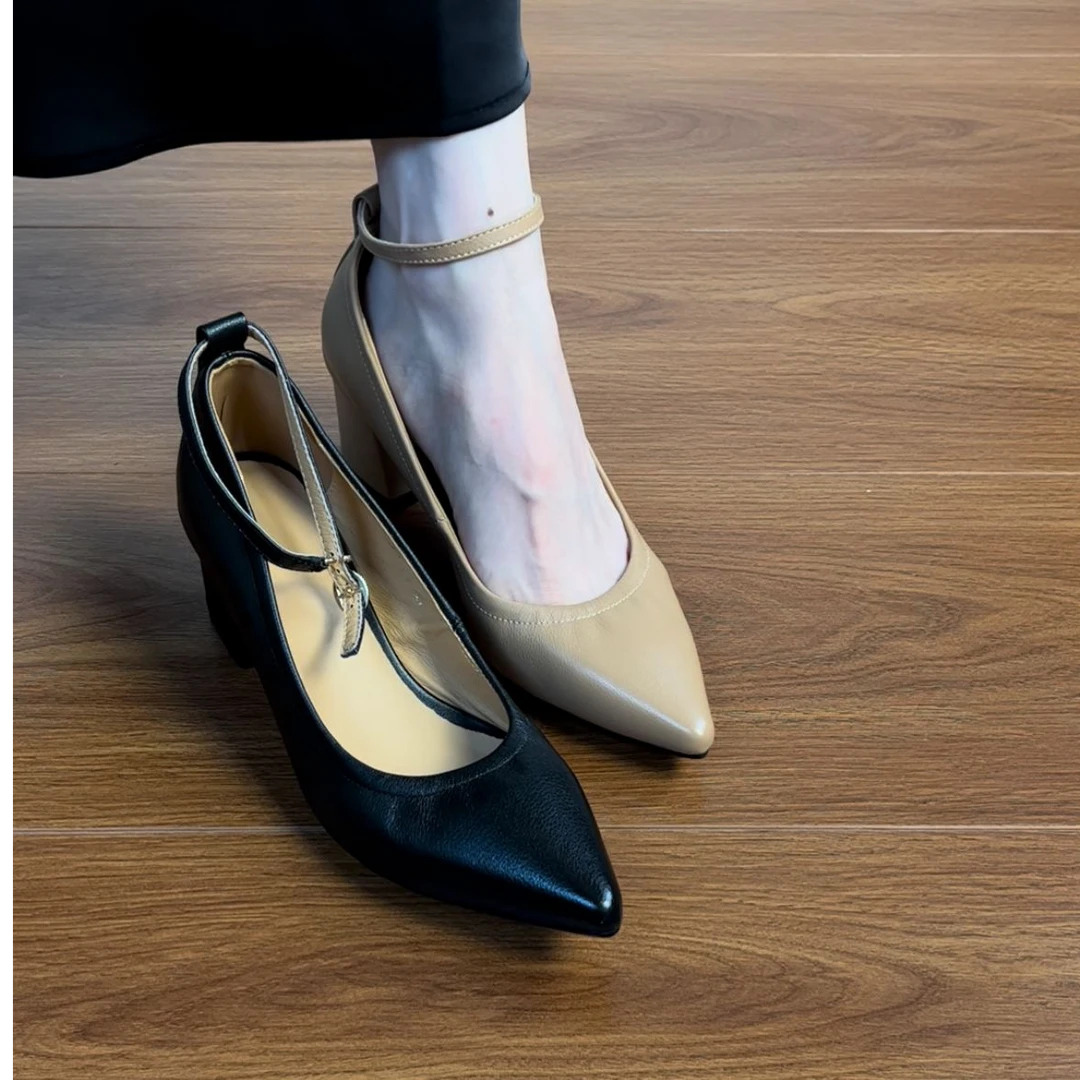 4CM头层羊皮好穿不掉跟2025春粗中跟尖头一字扣带全皮百搭单鞋女