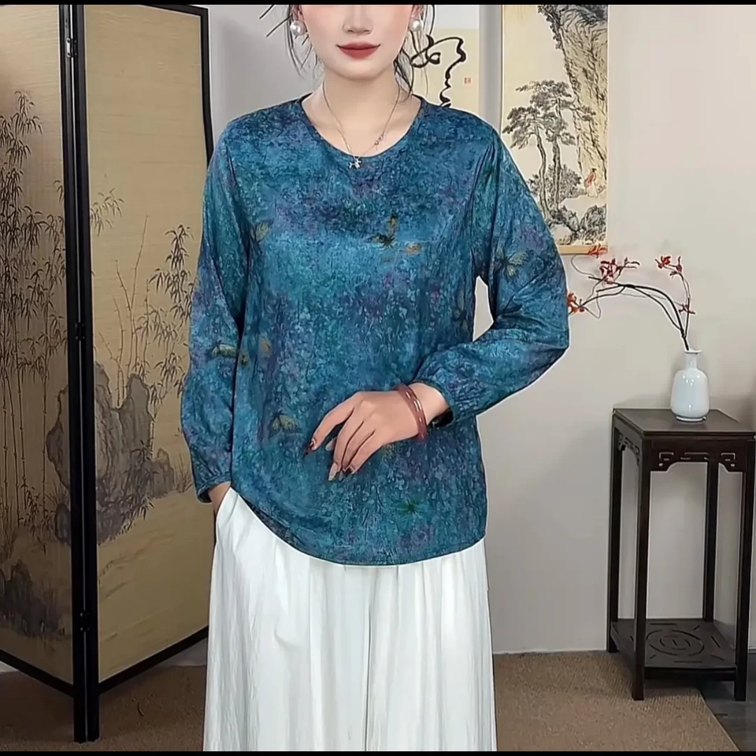 【香云纱蓝色风铃】秋冬高货新款衬衫内搭宽松显瘦长袖上衣服9073