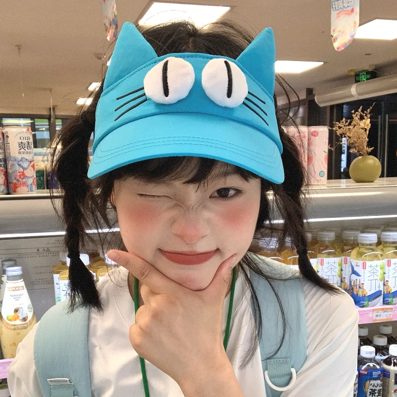 原创款！可爱大眼仔湖蓝色空顶遮阳帽女夏季防晒卡通猫耳朵鸭舌帽