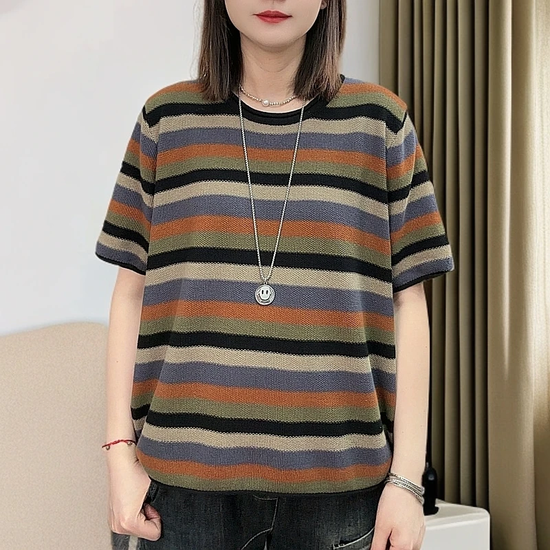 11圆领夏季条纹短袖针织衫宽松休闲百搭时尚圆领针织韩版套头