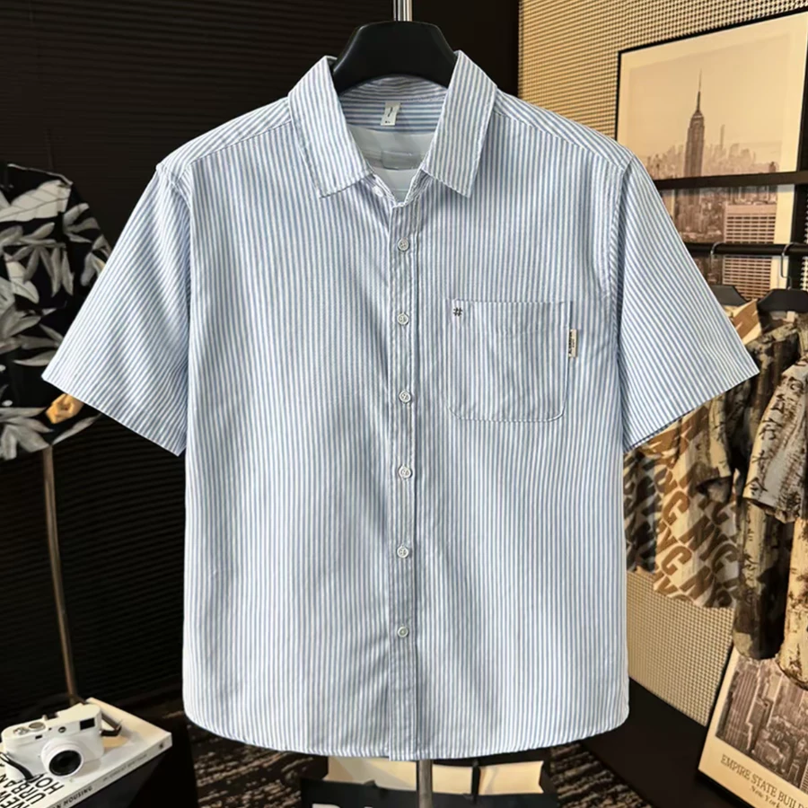 高级感牛津纺条纹短袖衬衫夏季男士轻奢上衣蓝色休闲宽松纯棉衬衣