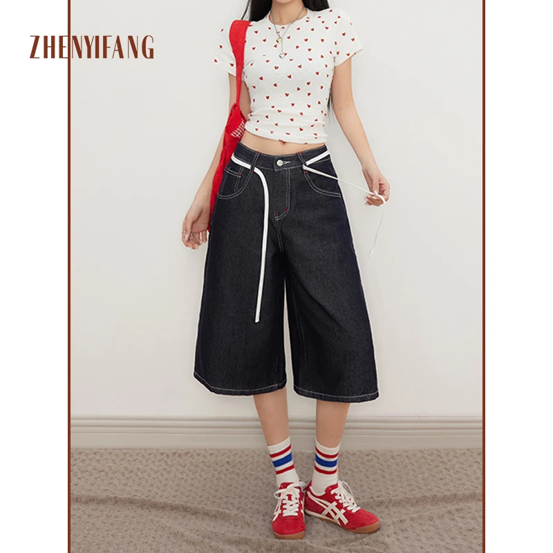 高腰夏季宽松常规牛仔裤时尚拉链款撞色七分裤设计感