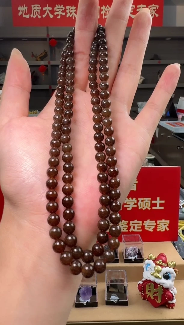 项链银S925镶嵌和田玉（糖玉）和田玉糖玉圆珠长项链6mm