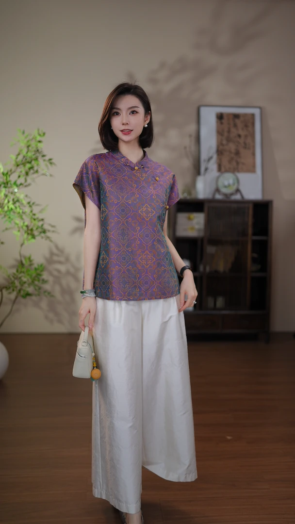 GONG QUE【四合如意】新中式桑蚕丝气质斜襟蜀锦短袖上衣 3272