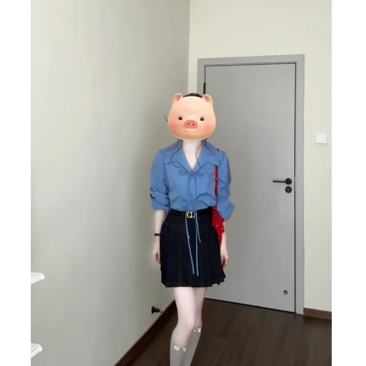 parkyeon气质高级感绑带翻领蓝色衬衫长袖女打底上衣时尚半身裙