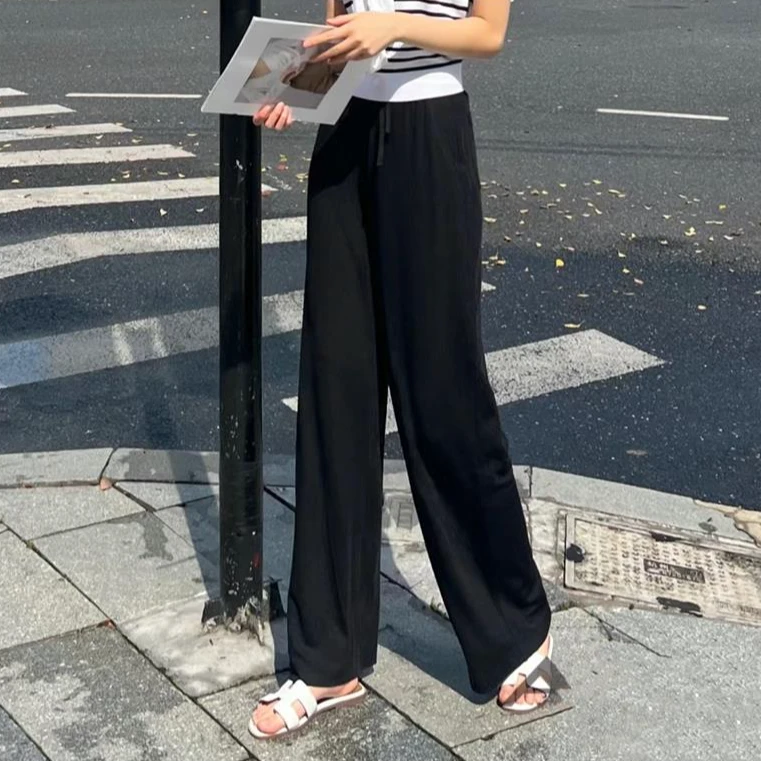 【AMSSGIRD】新款高腰宽松休闲阔腿裤系带松紧腰长裤5100586