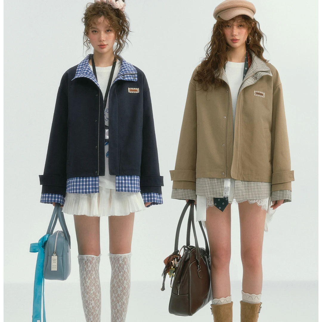 SOMESOWE【蜜蜜专属】格纹拼接立领风衣夹克潮流小众