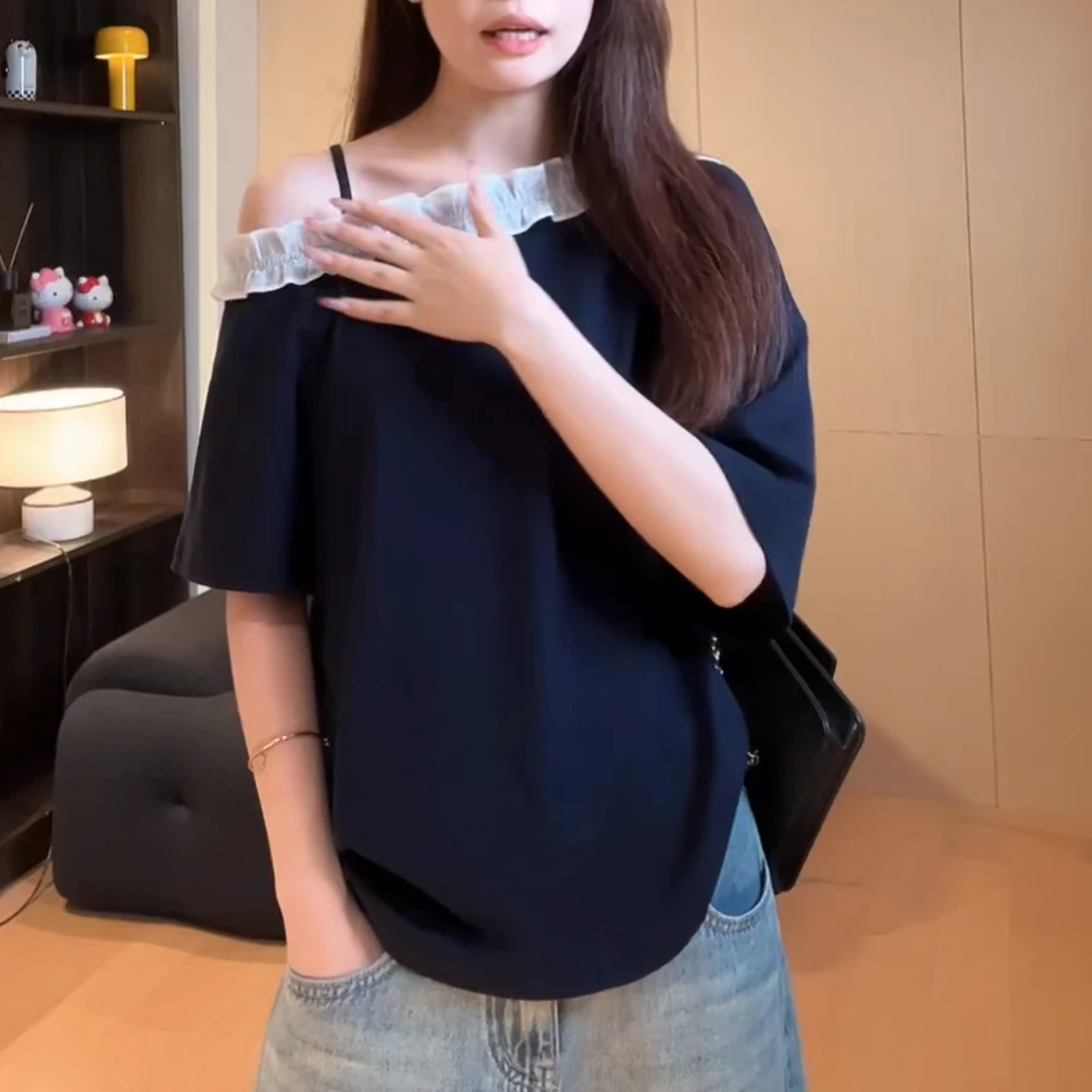 2025秋季新款时尚纯欲少女 斜肩花边拼接吊带纯色T恤LK2505436