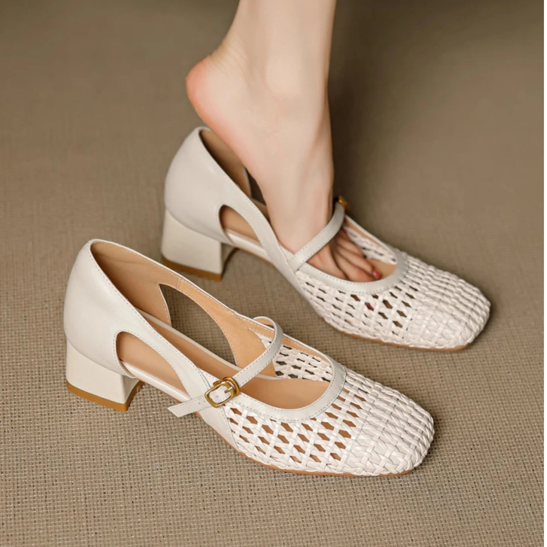 羊皮/跟高4cm/2025新款夏季法式方头中跟凉鞋女镂空软面百搭单鞋