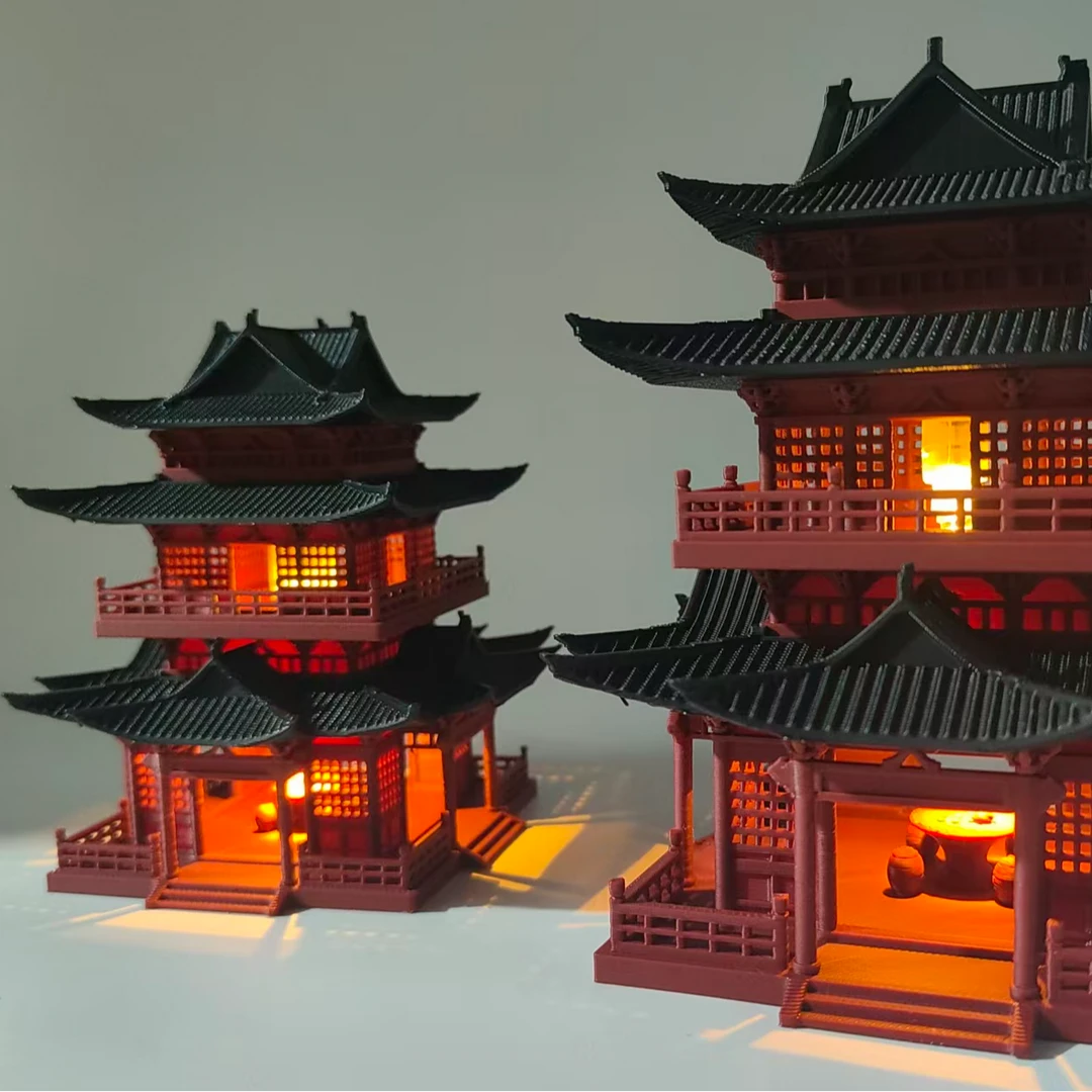 带灯古风茶楼模型小房子摆件水陆缸鱼缸盆景假山微景观造景亭子