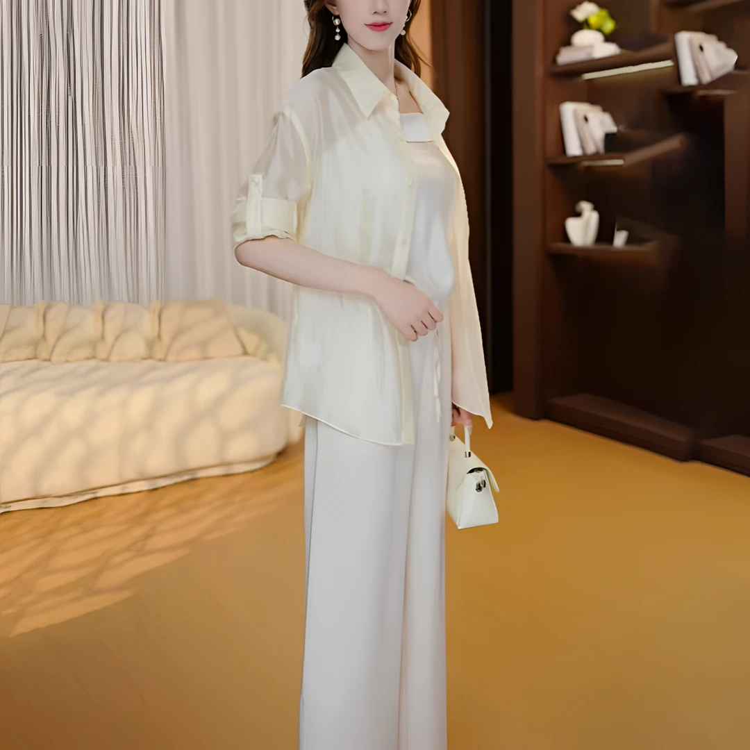 慵懒风宝藏三件套休闲风上衣女士简约舒适宽松衬衫气质时尚套装