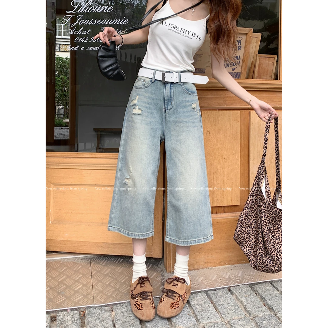 韩版夏季高腰显瘦复古百搭磨破破洞直筒七分牛仔阔腿牛仔女